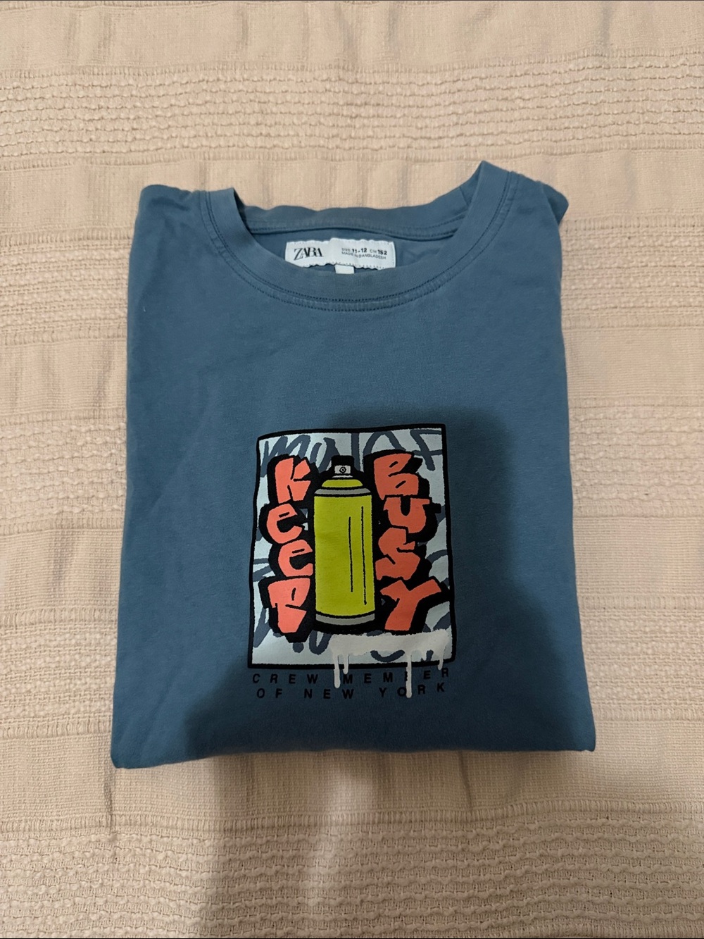 ZARA Blue Short-Sleeve Tee with Neon Spray Can Graphic